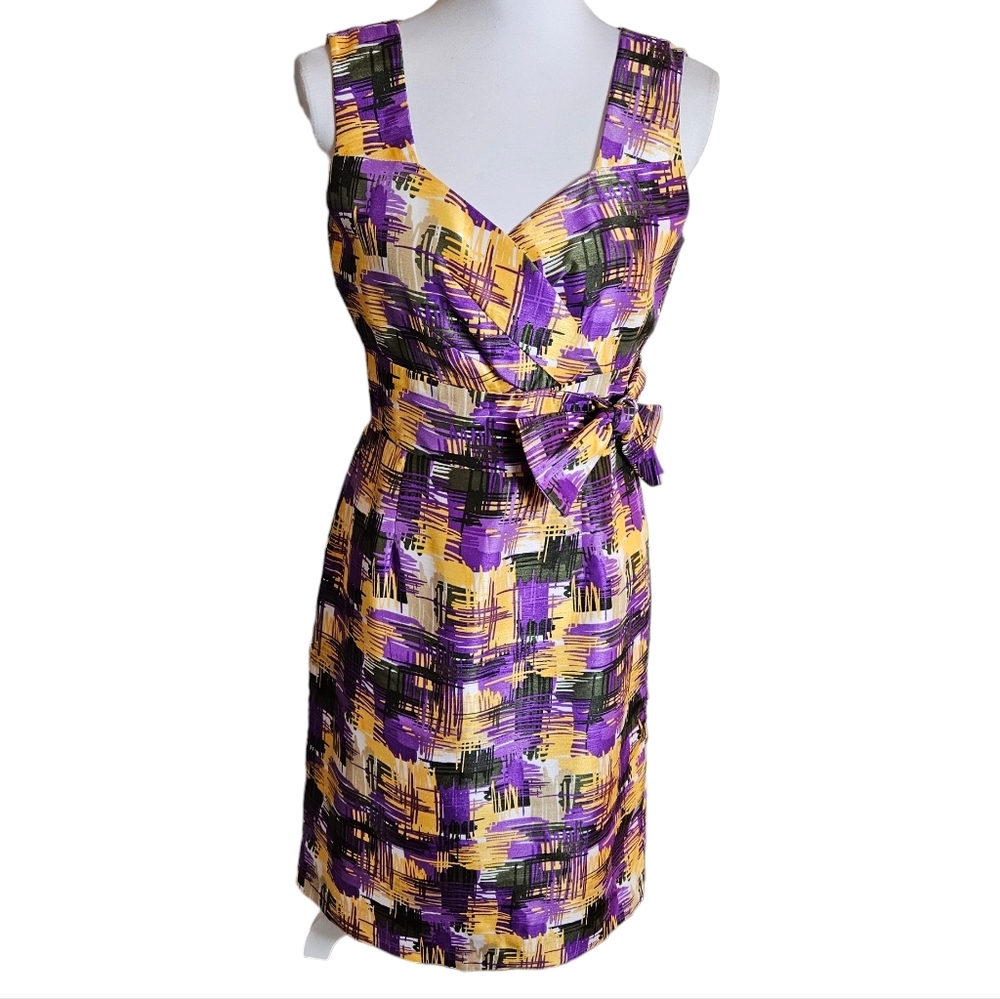 Alex Marie Bora Bora Lark Sheath Dress Sz 4 Purple Mustard Yellow Bow Workwear